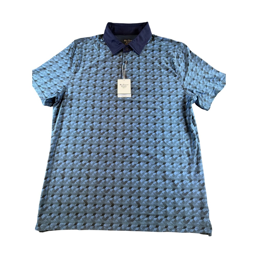 Ben Sherman Sport Golf Polo Shirt Mens Large Blue Geometric 3D Cube Print NWT